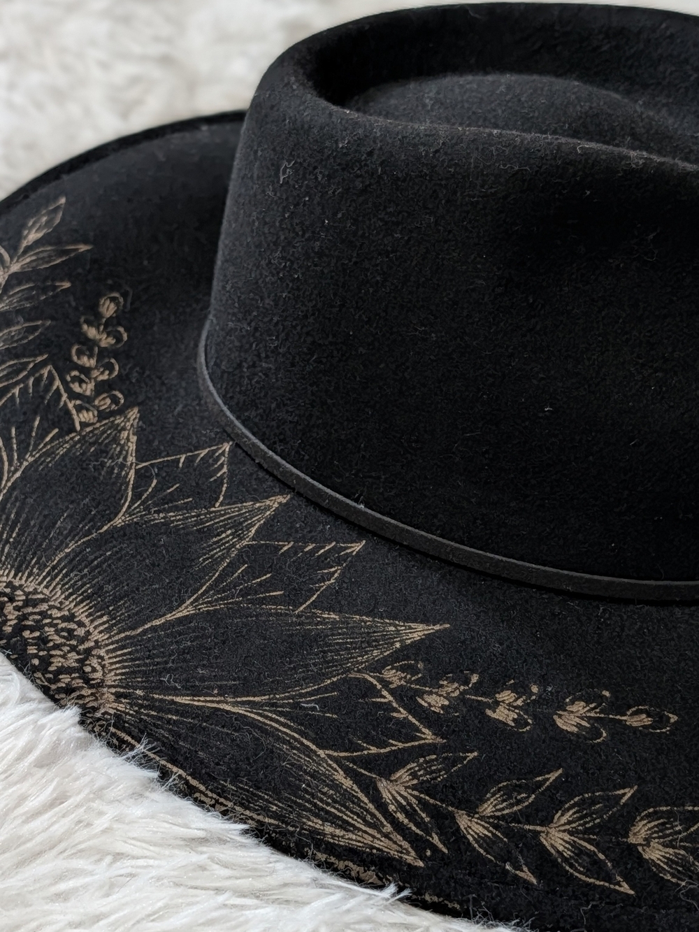 Wild Child Black Wide-Brim Hat with Gold Colored Sunflower Engraving